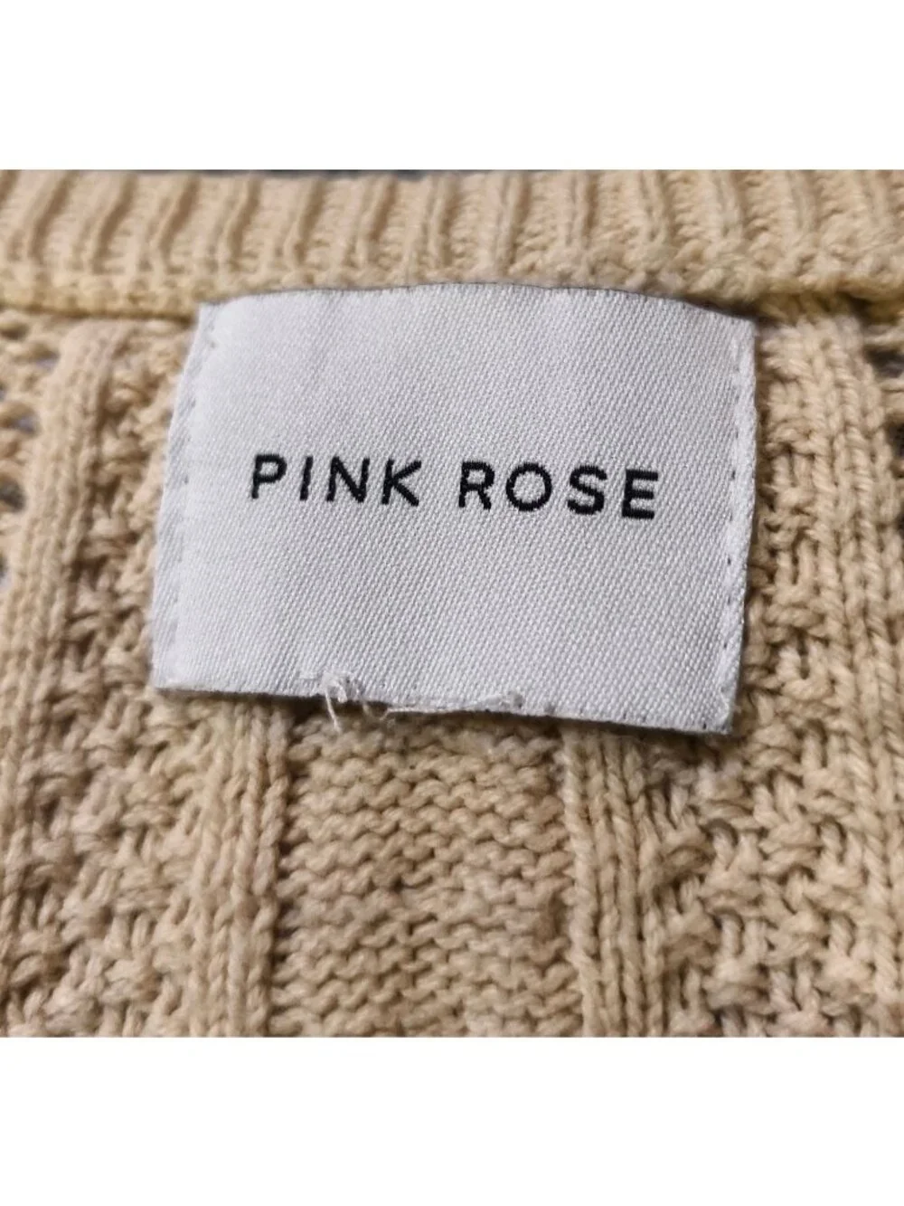 Pink Rose Womens S Cropped Knit Sweater Y2k Beige Long Bell Slvs Scallop Hem Vtg